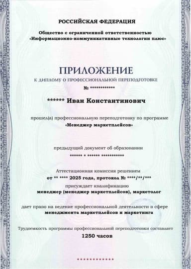 Образец приложения лицевая сторона (итоговое тестирование) по программе Менеджер маркетплейсов