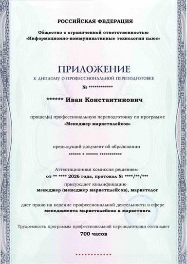 Образец приложения лицевая сторона (итоговое тестирование) по программе Менеджер маркетплейсов