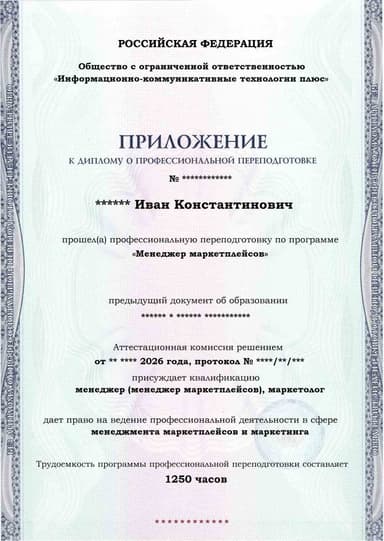 Образец приложения лицевая сторона (итоговое тестирование) по программе Менеджер маркетплейсов