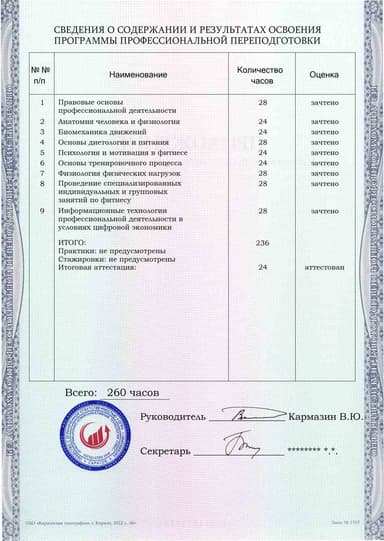 Образец приложения оборотная сторона (итоговое тестирование) по программе Фитнес-тренер