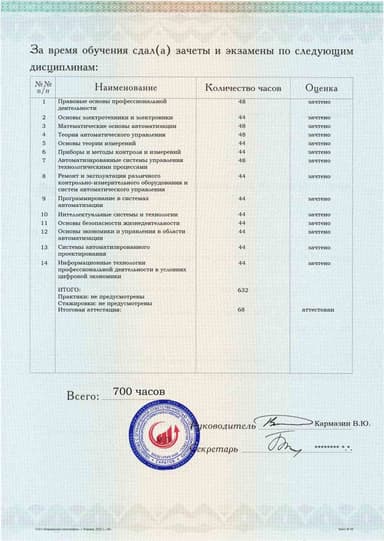 Образец приложения оборотная сторона (аттестационная работа) по программе Инженер контрольно-измерительных приборов и автоматики