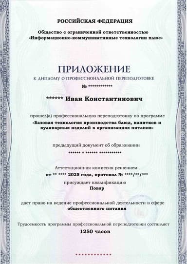Образец приложения лицевая сторона (итоговое тестирование) по программе Базовая технология производства блюд, напитков и кулинарных изделий в организациях питания