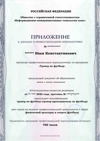 Образец приложения лицевая сторона (итоговое тестирование) по программе Тренер по футболу