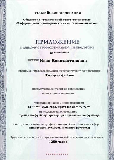 Образец приложения лицевая сторона (итоговое тестирование) по программе Тренер по футболу