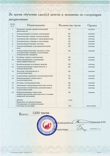 Образец приложения оборотная сторона (аттестационная работа) по программе Электрические станции, электроэнергетические системы и сети