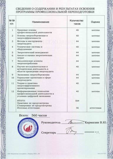 Образец приложения оборотная сторона (итоговое тестирование) по программе Энергоаудит
