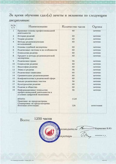 Образец приложения оборотная сторона (аттестационная работа) по программе Судебная религиоведческая экспертиза
