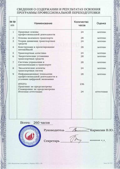 Образец приложения оборотная сторона (итоговое тестирование) по программе Наземные транспортно-технологические средства