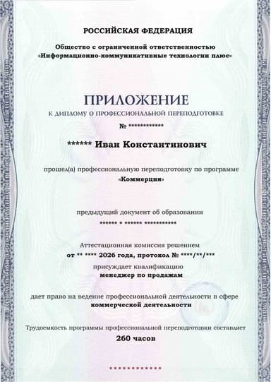 Образец приложения лицевая сторона (итоговое тестирование) по программе Коммерция