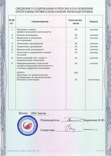 Образец приложения оборотная сторона (итоговое тестирование) по программе Коммерция