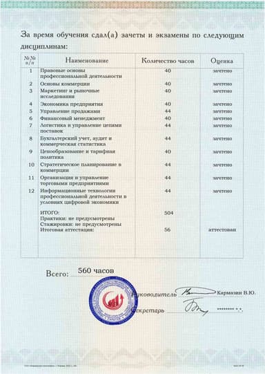 Образец приложения оборотная сторона (аттестационная работа) по программе Коммерция
