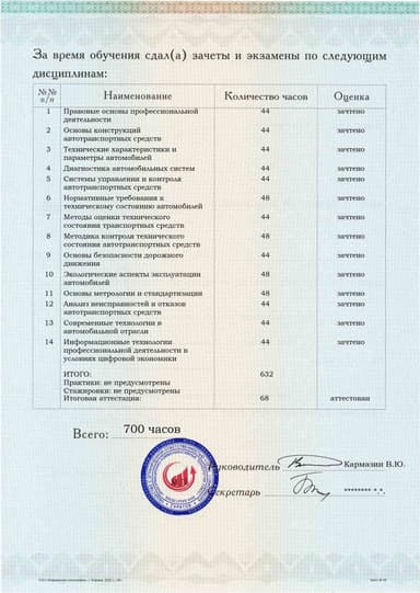 Образец приложения оборотная сторона (аттестационная работа) по программе Контролер технического состояния автотранспортных средств