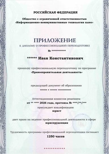 Образец приложения лицевая сторона (итоговое тестирование) по программе Правоохранительная деятельность