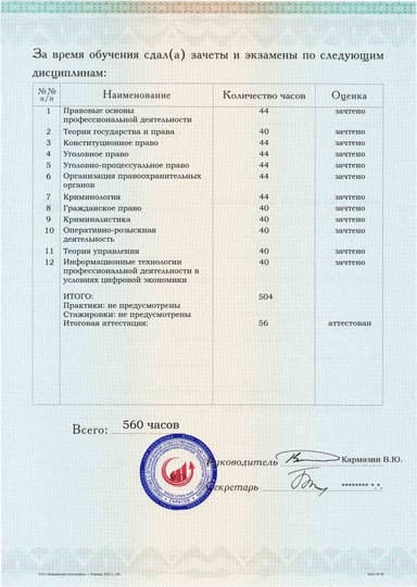 Образец приложения оборотная сторона (аттестационная работа) по программе Правоохранительная деятельность