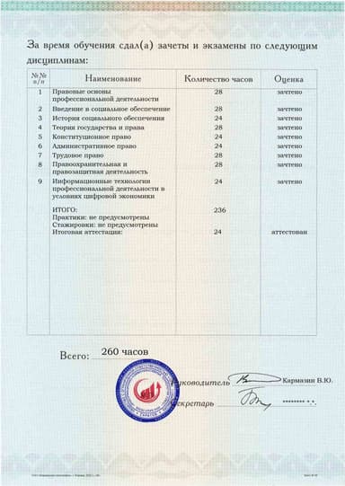 Образец приложения оборотная сторона (аттестационная работа) по программе Право и организация социального обеспечения