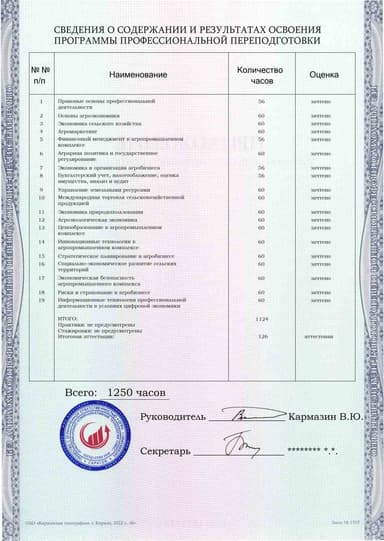 Образец приложения оборотная сторона (итоговое тестирование) по программе Экономика агропромышленного комплекса