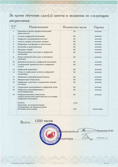 Образец приложения оборотная сторона (аттестационная работа) по программе Цифровая экономика