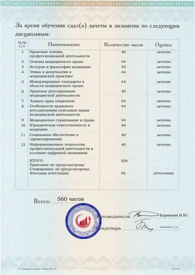 Образец приложения оборотная сторона (аттестационная работа) по программе Медицинское право
