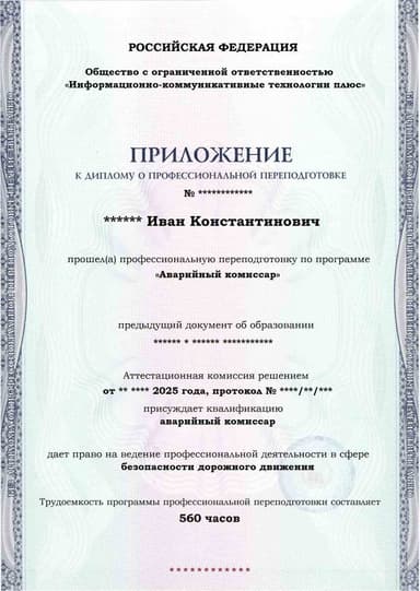 Образец приложения лицевая сторона (итоговое тестирование) по программе Аварийный комиссар