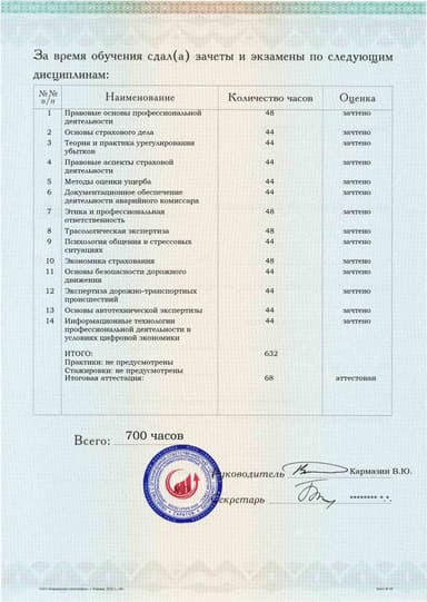Образец приложения оборотная сторона (аттестационная работа) по программе Аварийный комиссар