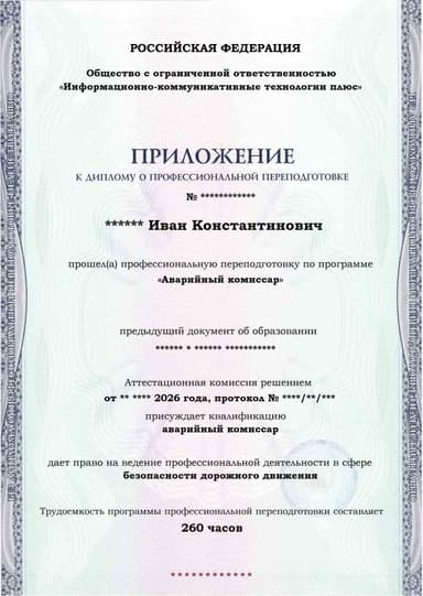 Образец приложения лицевая сторона (итоговое тестирование) по программе Аварийный комиссар