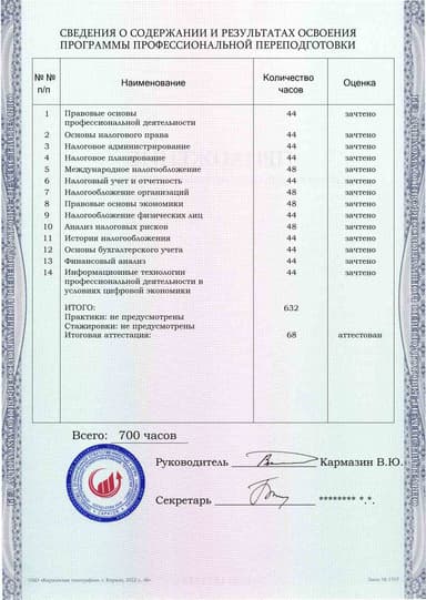 Образец приложения оборотная сторона (итоговое тестирование) по программе Налоговое консультирование