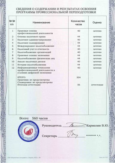 Образец приложения оборотная сторона (итоговое тестирование) по программе Налоговое консультирование
