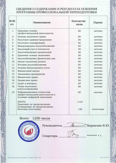 Образец приложения оборотная сторона (итоговое тестирование) по программе Налоговое консультирование
