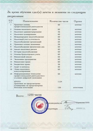 Образец приложения оборотная сторона (аттестационная работа) по программе Налоговое консультирование