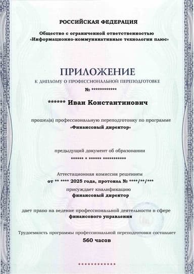 Образец приложения лицевая сторона (итоговое тестирование) по программе Финансовый директор