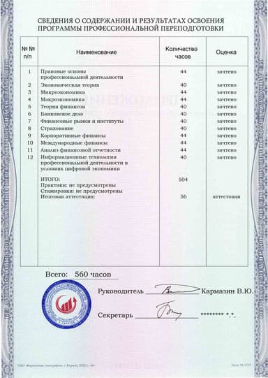 Образец приложения оборотная сторона (итоговое тестирование) по программе Финансы и кредит