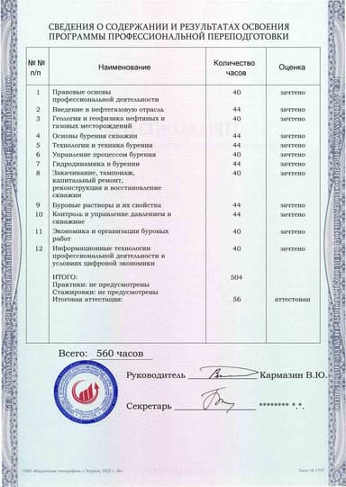 Образец приложения оборотная сторона (итоговое тестирование) по программе Бурение нефтяных и газовых скважин