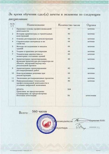 Образец приложения оборотная сторона (аттестационная работа) по программе Реконструкция и реставрация зданий и сооружений