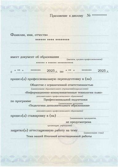 Образец приложения лицевая сторона (аттестационная работа) по программе Педагогика дополнительного образования