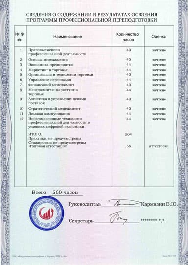 Образец приложения оборотная сторона (итоговое тестирование) по программе Менеджмент в торговле