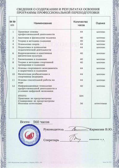 Образец приложения оборотная сторона (итоговое тестирование) по программе Тренер по плаванию