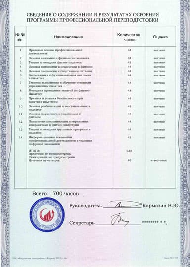 Образец приложения оборотная сторона (итоговое тестирование) по программе Фитнес-Пилатес