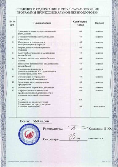 Образец приложения оборотная сторона (итоговое тестирование) по программе Техническое обслуживание и ремонт автомобильного транспорта