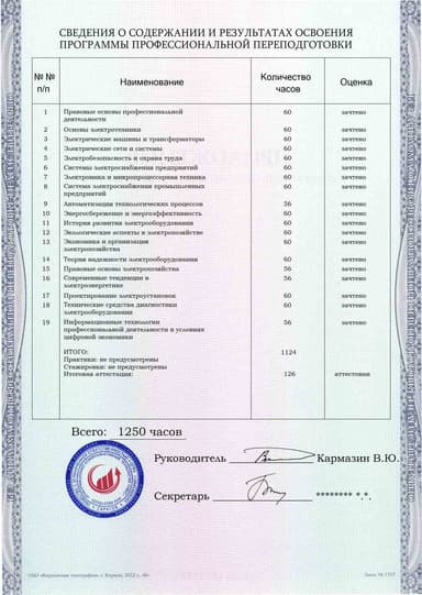 Образец приложения оборотная сторона (итоговое тестирование) по программе Электрооборудование и электрохозяйство предприятий, организаций и учреждений