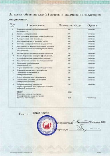 Образец приложения оборотная сторона (аттестационная работа) по программе Электрооборудование и электрохозяйство предприятий, организаций и учреждений
