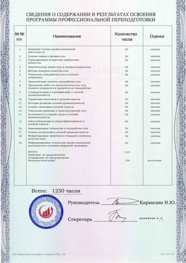 Образец приложения оборотная сторона (итоговое тестирование) по программе Специалист по контролю качества газа, газового конденсата и продуктов их переработки