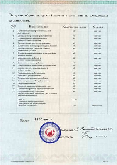 Образец приложения оборотная сторона (аттестационная работа) по программе Мехатроника и робототехника