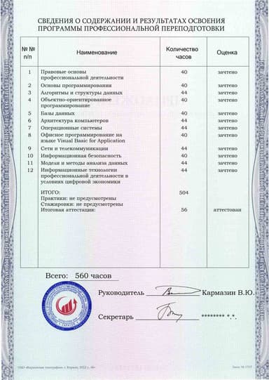 Образец приложения оборотная сторона (итоговое тестирование) по программе Программист
