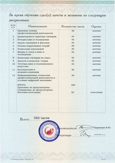 Образец приложения оборотная сторона (аттестационная работа) по программе Сценарист