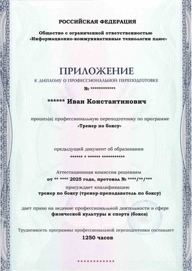 Образец приложения лицевая сторона (итоговое тестирование) по программе Тренер по боксу