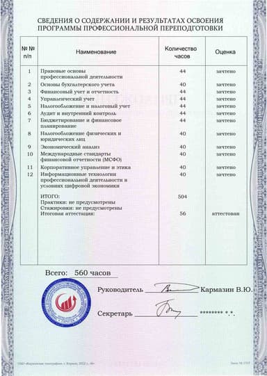 Образец приложения оборотная сторона (итоговое тестирование) по программе Главный бухгалтер