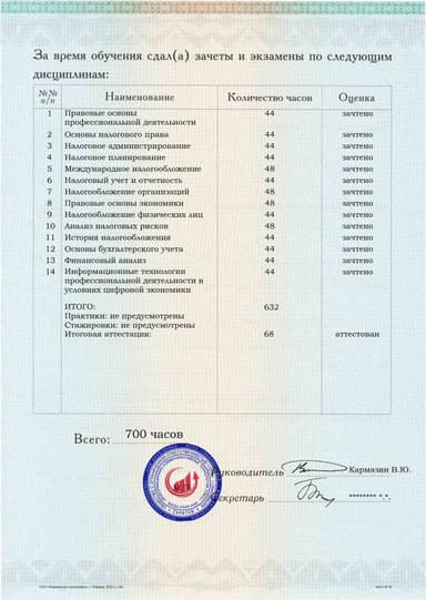Образец приложения оборотная сторона (аттестационная работа) по программе Налоговое консультирование