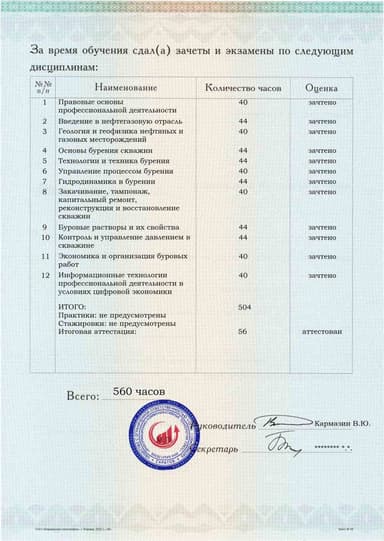 Образец приложения оборотная сторона (аттестационная работа) по программе Бурение нефтяных и газовых скважин