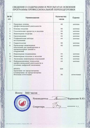 Образец приложения оборотная сторона (итоговое тестирование) по программе Инженерно-геологические изыскания