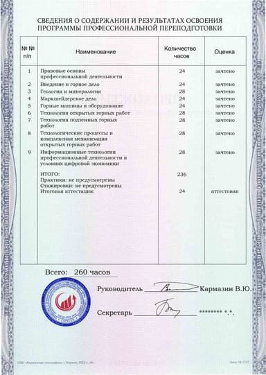 Образец приложения оборотная сторона (итоговое тестирование) по программе Горное дело